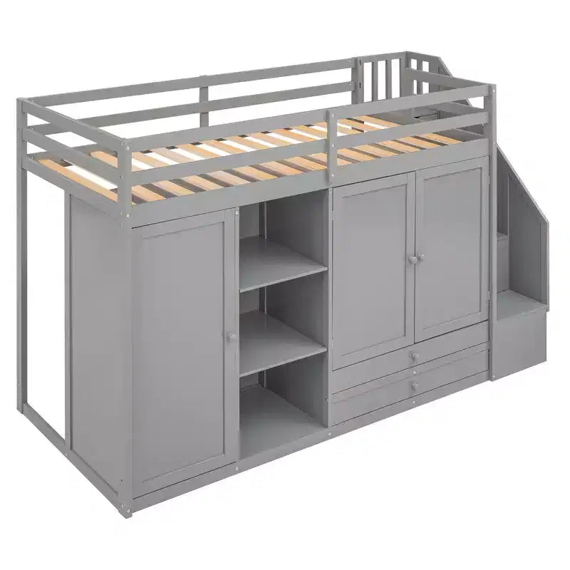 Letto a soppalco funzionale Whisen 93.3''L*42.4''W con 3 ripiani, armadi, cassetti, scala con contenitore