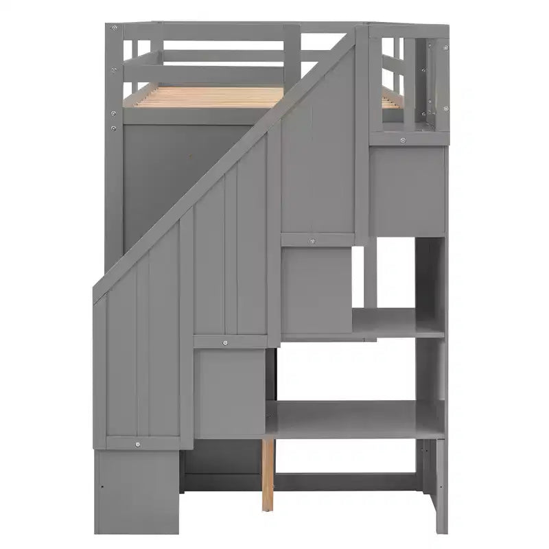 Letto a soppalco funzionale Whisen 93.3''L*42.4''W con 3 ripiani, armadi, cassetti, scala con contenitore