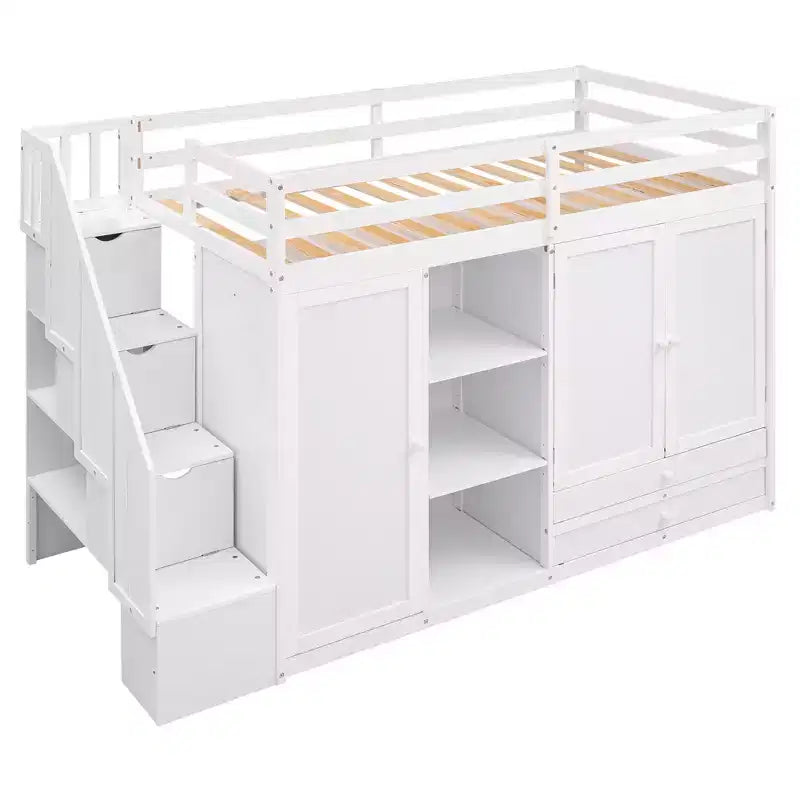 Letto a soppalco funzionale Whisen 93.3''L*42.4''W con 3 ripiani, armadi, cassetti, scala con contenitore