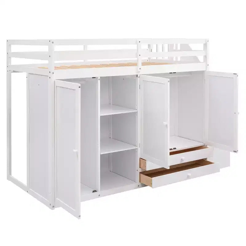 Letto a soppalco funzionale Whisen 93.3''L*42.4''W con 3 ripiani, armadi, cassetti, scala con contenitore