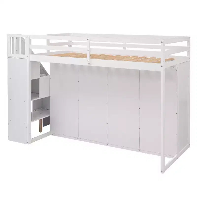 Letto a soppalco funzionale Whisen 93.3''L*42.4''W con 3 ripiani, armadi, cassetti, scala con contenitore