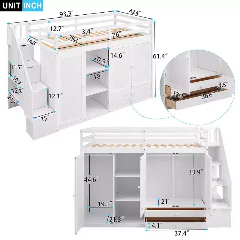 Letto a soppalco funzionale Whisen 93.3''L*42.4''W con 3 ripiani, armadi, cassetti, scala con contenitore