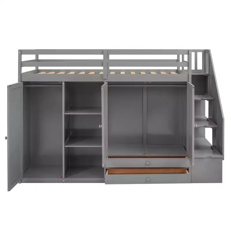 Letto a soppalco funzionale Whisen 93.3''L*42.4''W con 3 ripiani, armadi, cassetti, scala con contenitore
