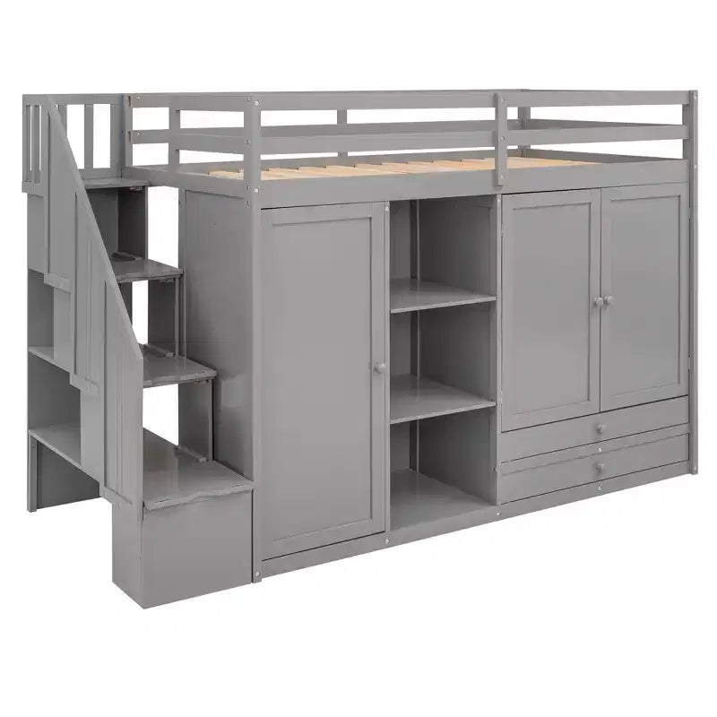 Letto a soppalco funzionale Whisen 93.3''L*42.4''W con 3 ripiani, armadi, cassetti, scala con contenitore