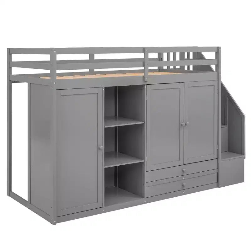 Letto a soppalco funzionale Whisen 93.3''L*42.4''W con 3 ripiani, armadi, cassetti, scala con contenitore