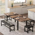 63'' Extendable 5-Piece Dining Table Set With 2 Benches and 2 Square Stools for 4-8 People, Perfect for Small Space, Walnut