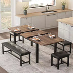 63'' Extendable 5-Piece Dining Table Set With 2 Benches and 2 Square Stools for 4-8 People, Perfect for Small Space, Walnut