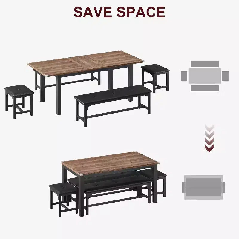 Set da pranzo allungabile da 63'' a 5 pezzi con 2 panche e 2 sgabelli quadrati per 4-8 persone, perfetto per piccoli spazi, noce