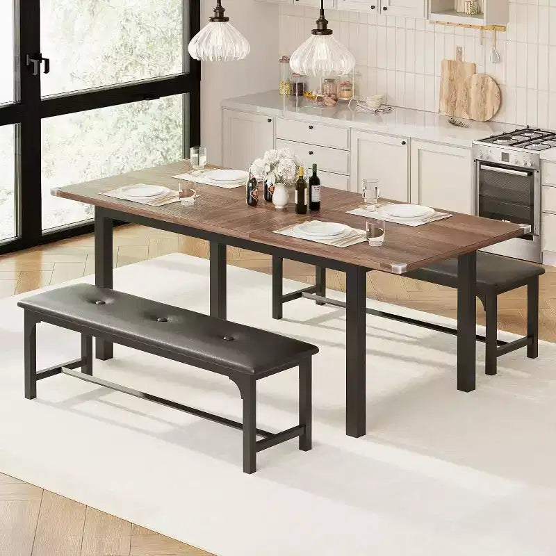 Set da pranzo allungabile da 63'' a 5 pezzi con 2 panche e 2 sgabelli quadrati per 4-8 persone, perfetto per piccoli spazi, noce