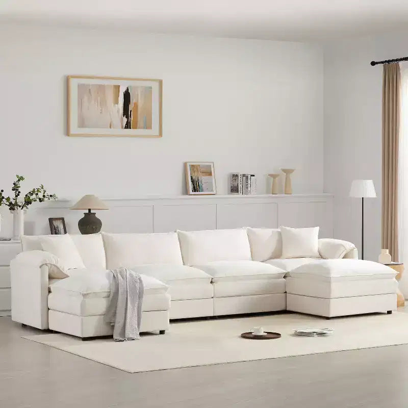 Divano componibile Whisen Modern Design 136 in ciniglia con doppie sedute e pouf mobili