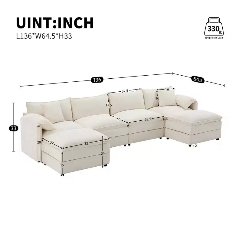Divano componibile Whisen Modern Design 136 in ciniglia con doppie sedute e pouf mobili