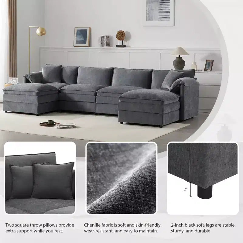 Divano componibile Whisen Modern Design 136 in ciniglia con doppie sedute e pouf mobili