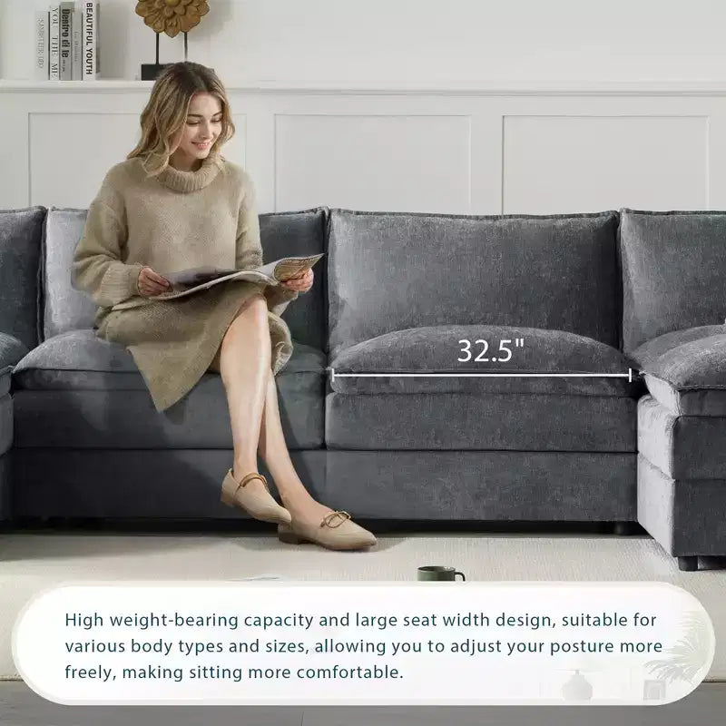 Divano componibile Whisen Modern Design 136 in ciniglia con doppie sedute e pouf mobili