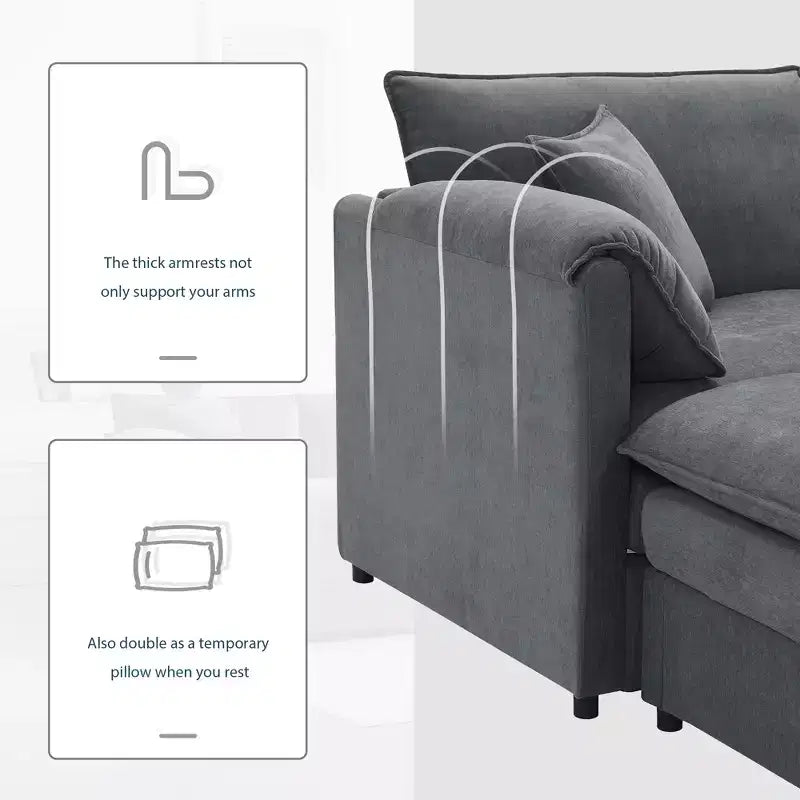 Divano componibile Whisen Modern Design 136 in ciniglia con doppie sedute e pouf mobili
