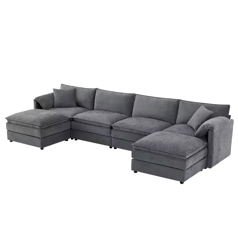Divano componibile Whisen Modern Design 136 in ciniglia con doppie sedute e pouf mobili