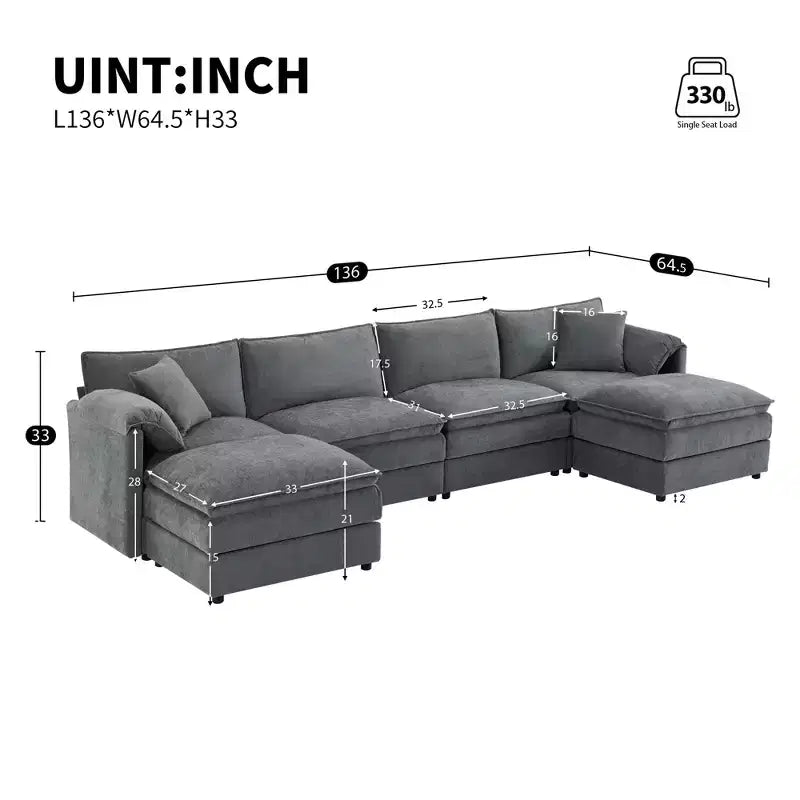 Divano componibile Whisen Modern Design 136 in ciniglia con doppie sedute e pouf mobili