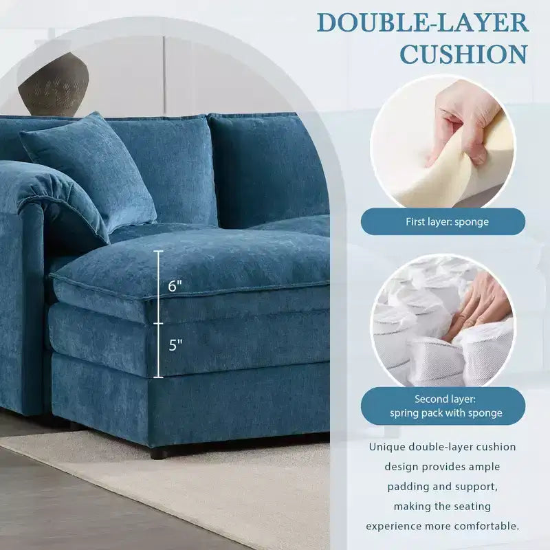 Divano componibile Whisen Modern Design 136 in ciniglia con doppie sedute e pouf mobili