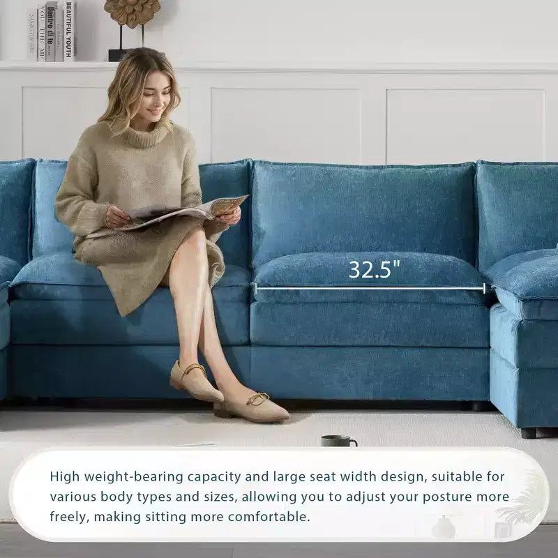 Divano componibile Whisen Modern Design 136 in ciniglia con doppie sedute e pouf mobili