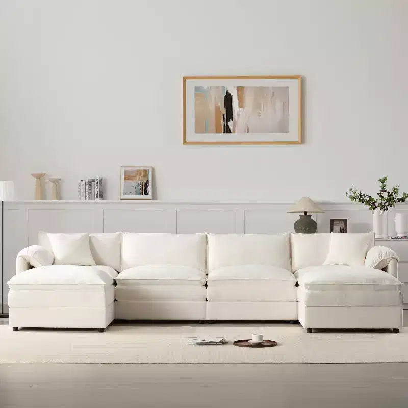 Divano componibile Whisen Modern Design 136 in ciniglia con doppie sedute e pouf mobili
