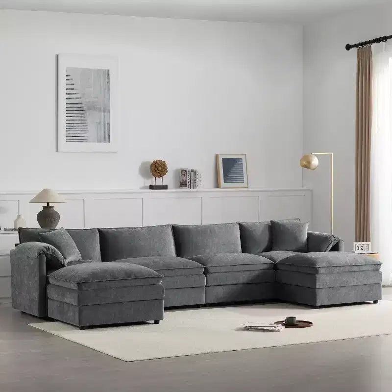 Divano componibile Whisen Modern Design 136 in ciniglia con doppie sedute e pouf mobili
