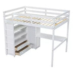 Letto a soppalco full size in legno bianco con armadio integrato, scrivania, ripiani e cassetti.