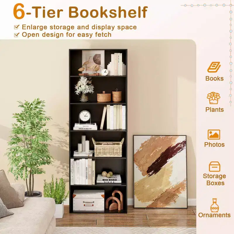 Costway Libreria a 6 Ripiani, Alta 70, con 6 Scaffali Aperti, Kit Antiribaltamento per Soggiorno Marrone/Nero