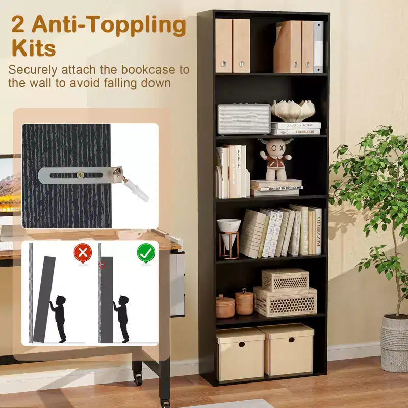 Costway Libreria a 6 Ripiani, Alta 70, con 6 Scaffali Aperti, Kit Antiribaltamento per Soggiorno Marrone/Nero