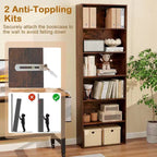 Costway Libreria a 6 Ripiani, Alta 70, con 6 Scaffali Aperti, Kit Antiribaltamento per Soggiorno Marrone/Nero