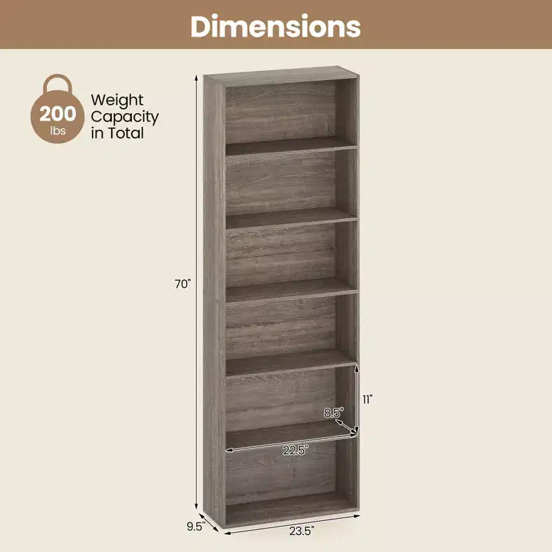 Costway Libreria a 6 Ripiani, Alta 70, con 6 Scaffali Aperti, Kit Antiribaltamento per Soggiorno Marrone/Nero