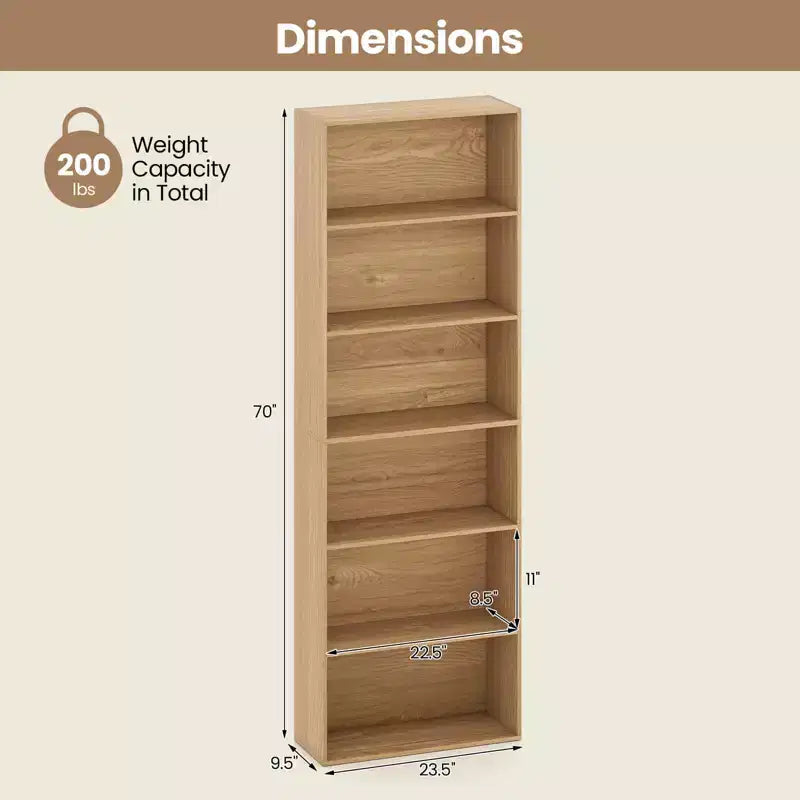 Costway Libreria a 6 Ripiani, Alta 70, con 6 Scaffali Aperti, Kit Antiribaltamento per Soggiorno Marrone/Nero