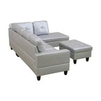 Divano Sezionale in Similpelle Grigio Chiaro Semi-PU - Design Moderno a L, Cuscini Trapuntati, Cuscini Decorativi, Pouf Contenitore