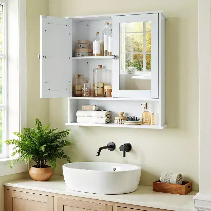 LEDREM Mobiletto da Bagno a Parete, Pensile Bianco con 2 Ante a Specchio, Ripiano Regolabile, Vano Aperto, 15 x 65 x 75 cm