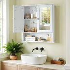 LEDREM Mobiletto da Bagno a Parete, Pensile Bianco con 2 Ante a Specchio, Ripiano Regolabile, Vano Aperto, 15 x 65 x 75 cm