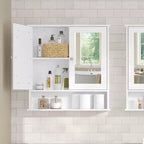 LEDREM Mobiletto da Bagno a Parete, Pensile Bianco con 2 Ante a Specchio, Ripiano Regolabile, Vano Aperto, 15 x 65 x 75 cm