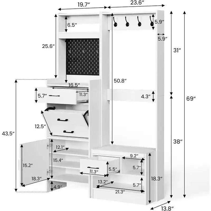Appendiabiti da ingresso Heynemo 7-in-1 con scarpiera nascosta, panca da ingresso con appendiabiti e pannello forato, appendiabiti con panca per ripostiglio