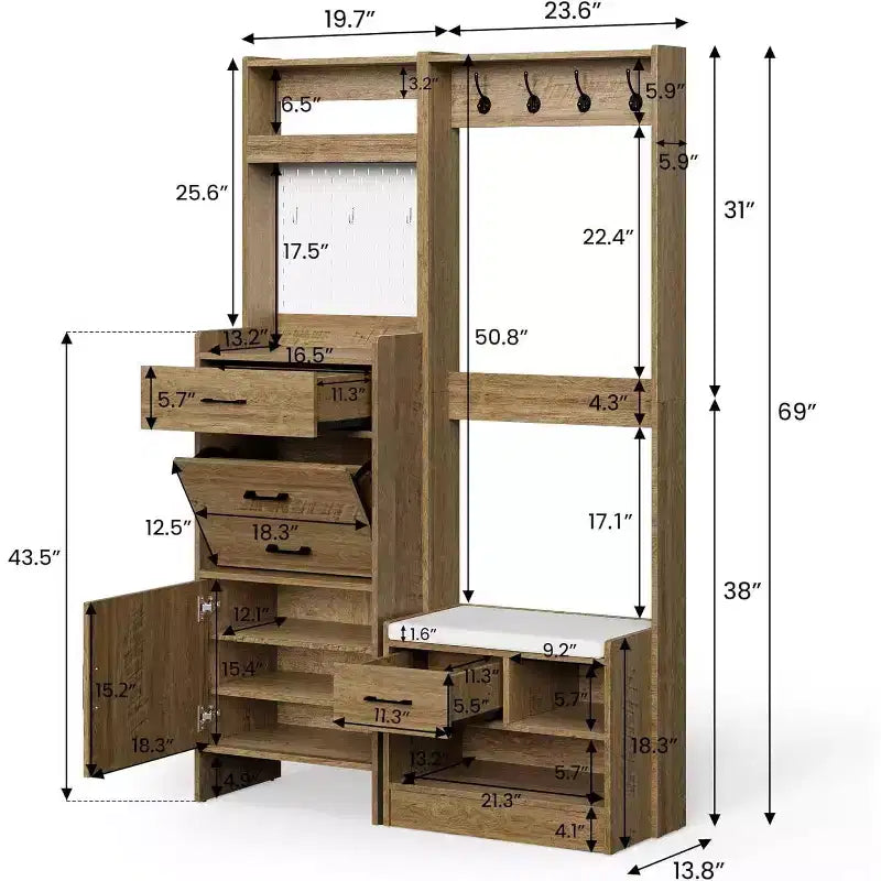 Appendiabiti da ingresso Heynemo 7-in-1 con scarpiera nascosta, panca da ingresso con appendiabiti e pannello forato, appendiabiti con panca per ripostiglio