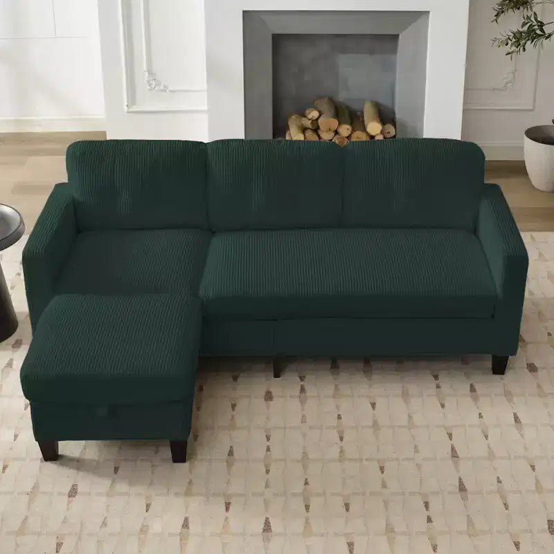 Divano componibile a L convertibile Mjkone 76 con pouf contenitore, divano a 3 posti in velluto a coste