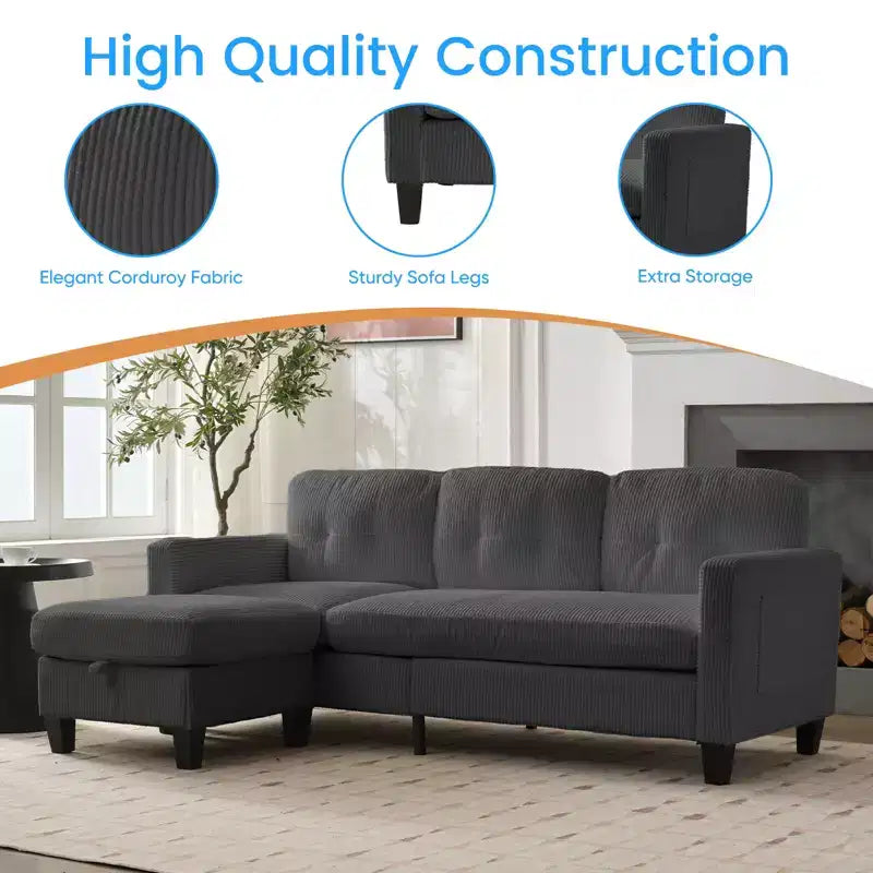 Divano componibile a L convertibile Mjkone 76 con pouf contenitore, divano a 3 posti in velluto a coste