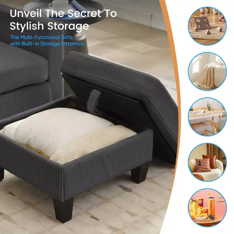 Divano componibile a L convertibile Mjkone 76 con pouf contenitore, divano a 3 posti in velluto a coste