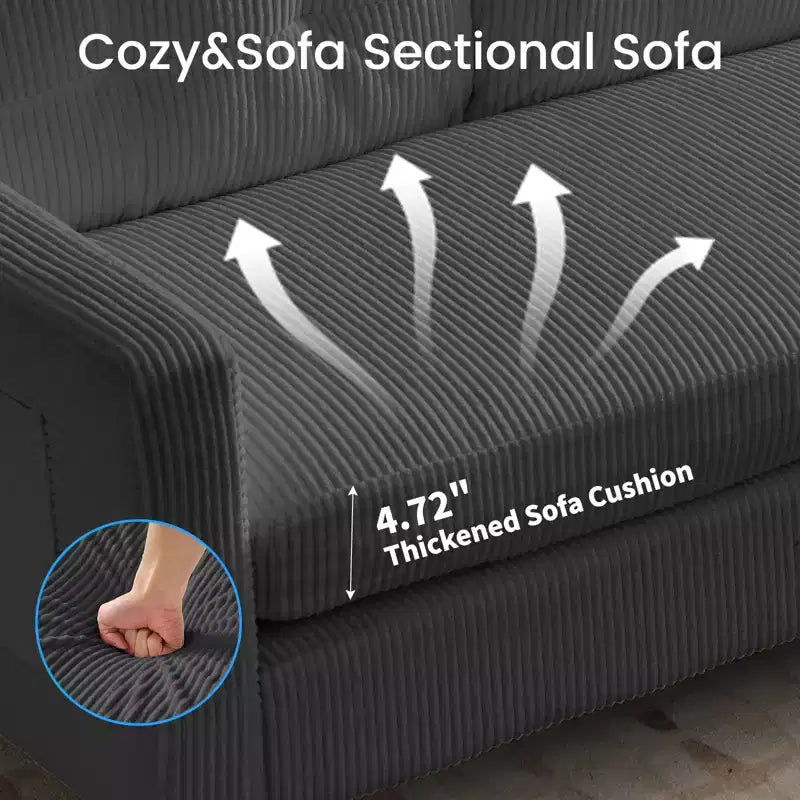 Divano componibile a L convertibile Mjkone 76 con pouf contenitore, divano a 3 posti in velluto a coste
