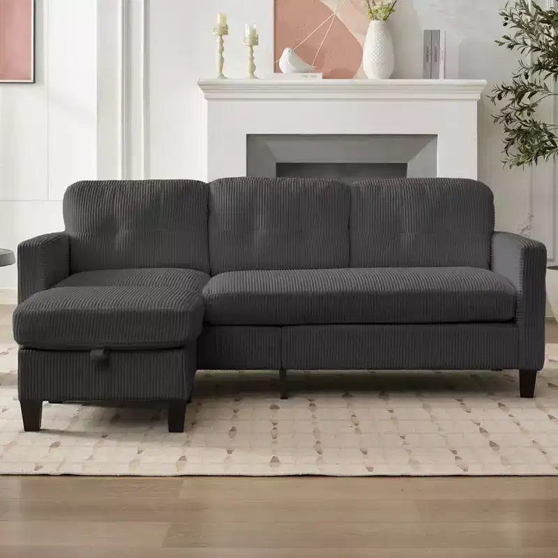 Divano componibile a L convertibile Mjkone 76 con pouf contenitore, divano a 3 posti in velluto a coste