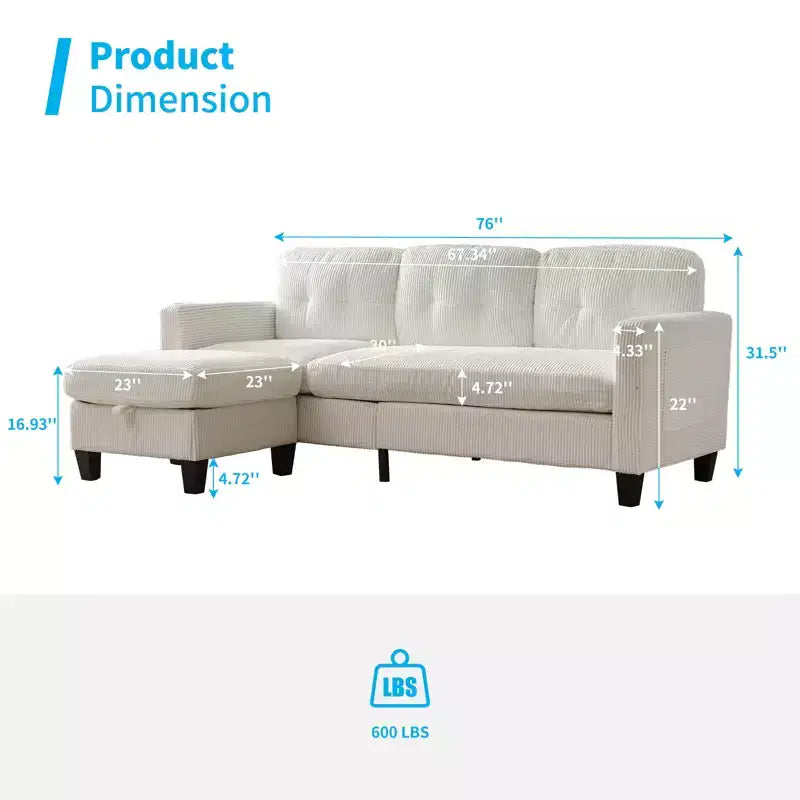 Divano componibile a L convertibile Mjkone 76 con pouf contenitore, divano a 3 posti in velluto a coste