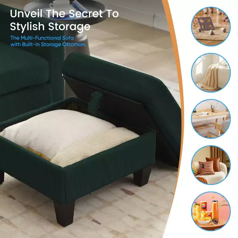 Divano componibile a L convertibile Mjkone 76 con pouf contenitore, divano a 3 posti in velluto a coste