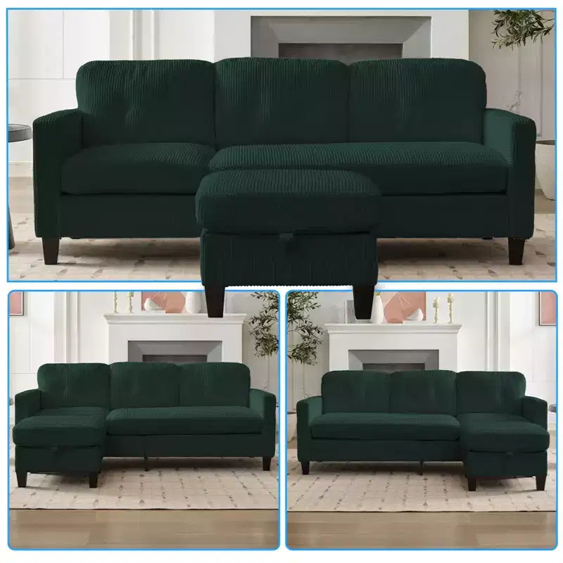 Divano componibile a L convertibile Mjkone 76 con pouf contenitore, divano a 3 posti in velluto a coste