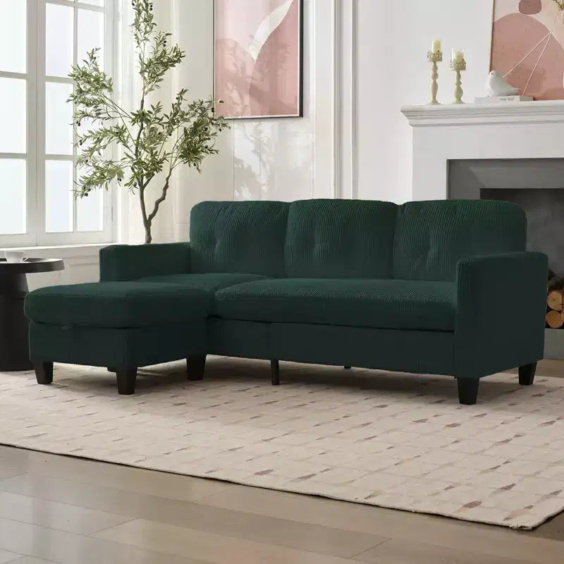 Divano componibile a L convertibile Mjkone 76 con pouf contenitore, divano a 3 posti in velluto a coste