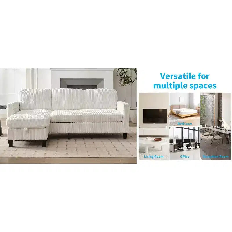 Divano componibile a L convertibile Mjkone 76 con pouf contenitore, divano a 3 posti in velluto a coste