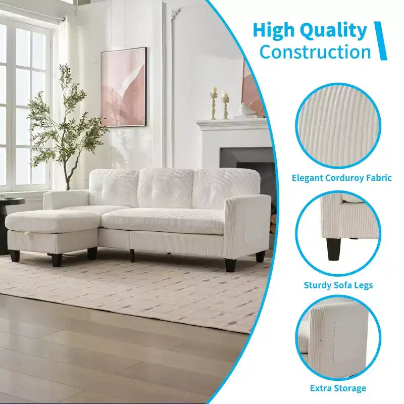 Divano componibile a L convertibile Mjkone 76 con pouf contenitore, divano a 3 posti in velluto a coste