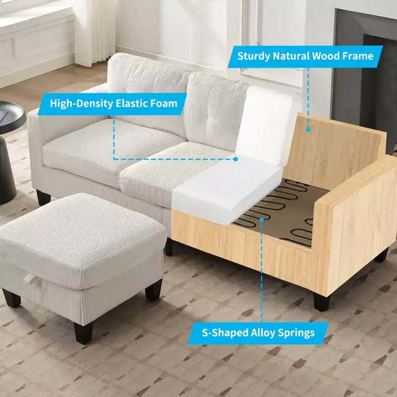 Divano componibile a L convertibile Mjkone 76 con pouf contenitore, divano a 3 posti in velluto a coste
