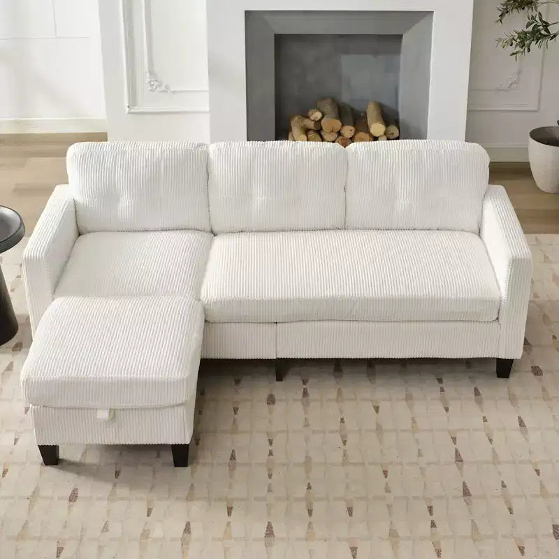 Divano componibile a L convertibile Mjkone 76 con pouf contenitore, divano a 3 posti in velluto a coste