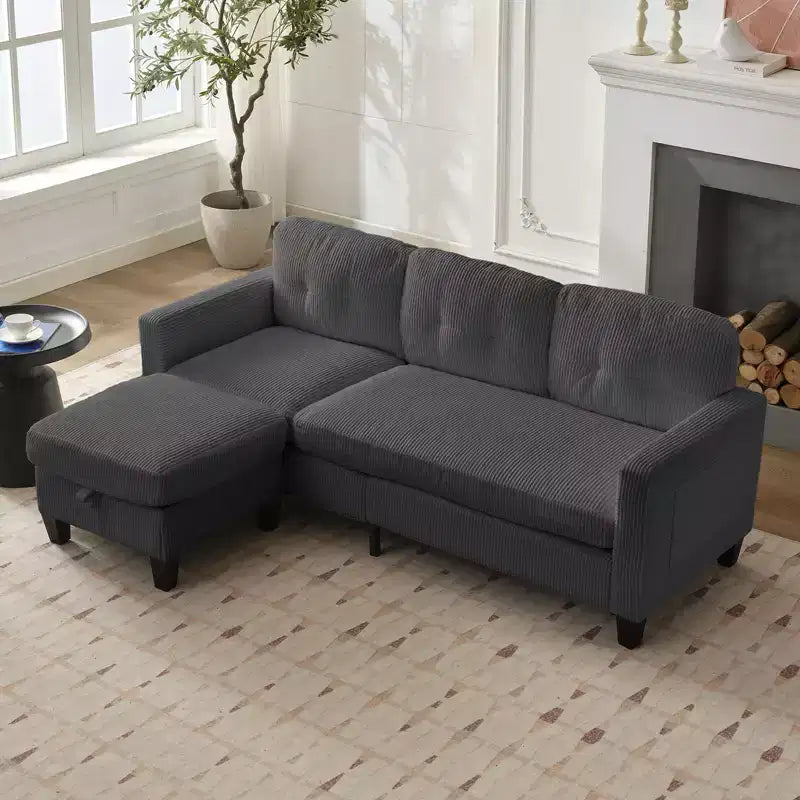 Divano componibile a L convertibile Mjkone 76 con pouf contenitore, divano a 3 posti in velluto a coste